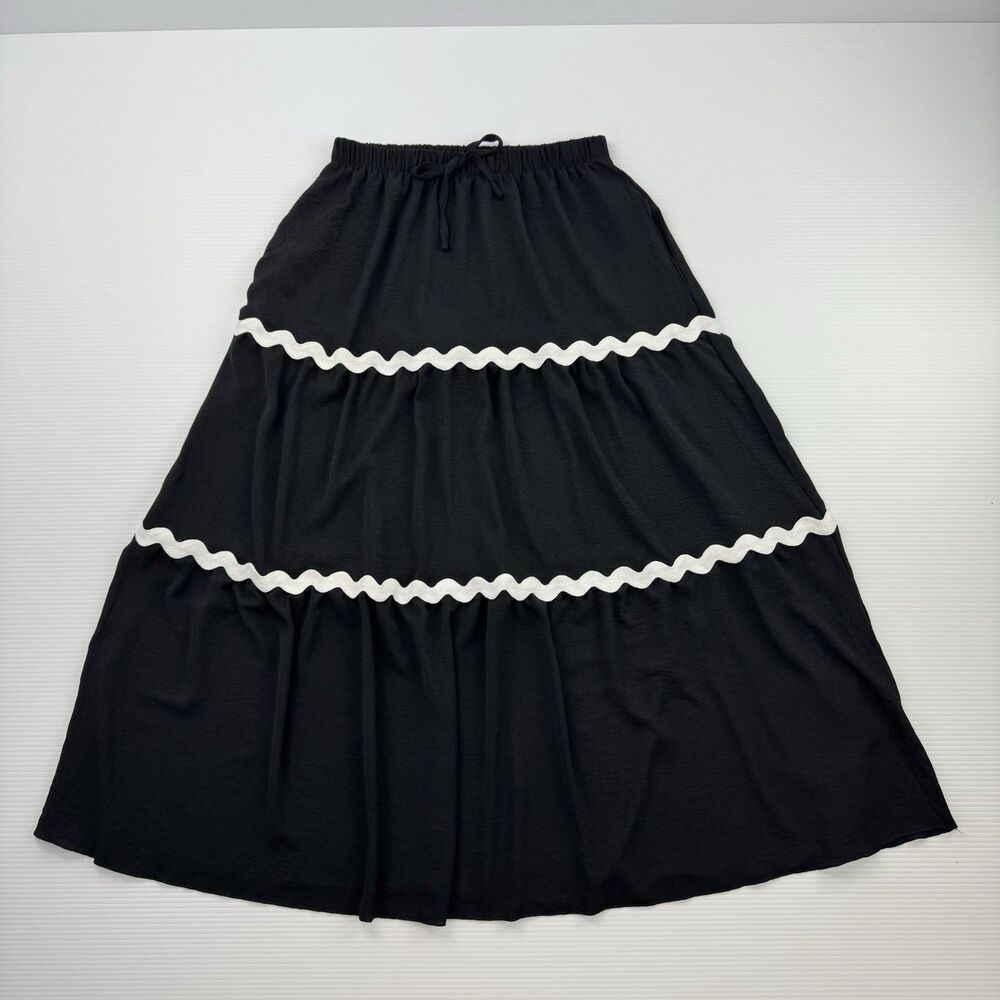 CIDER NWT Black Tiered Maxi Skirt M White Ric Rac Trim Drawstring Boho - Picture 2 of 8